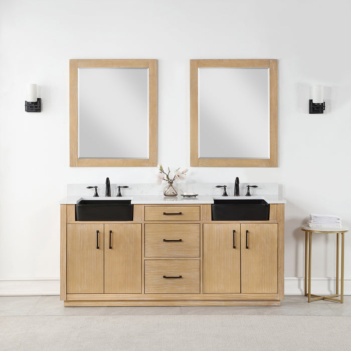 Altair Design Novago 72"" Double Bathroom Vanity in Weathered Pine with Aosta White Composite Stone Countertop and Farmhouse Sink