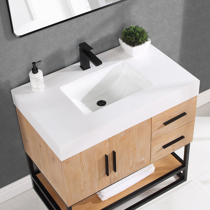 Altair Design Bianco 36"" Single Bathroom Vanity in Light Brown with Matte Black Support Base and White Composite Stone Countertop