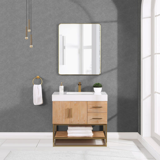 Altair Design Bianco 36"' Single Bathroom Vanity in Light Brown with Brushed Gold Support Base and White Composite Stone Countertop