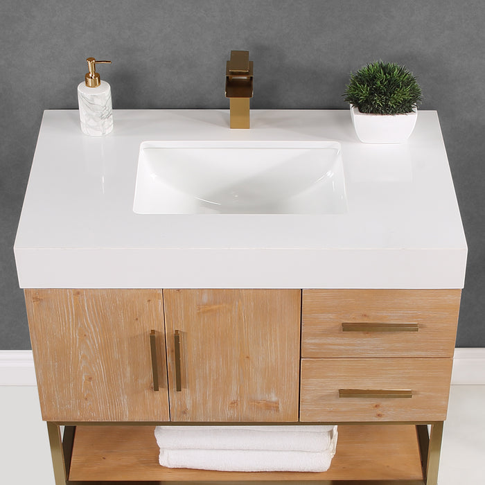 Altair Design Bianco 36"' Single Bathroom Vanity in Light Brown with Brushed Gold Support Base and White Composite Stone Countertop