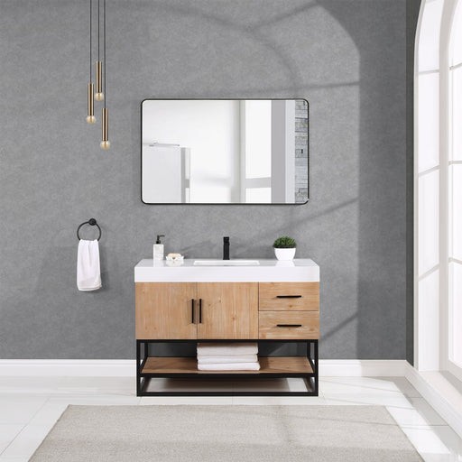 Altair Design Bianco 48"" Single Bathroom Vanity in Light Brown with Matte Black Support Base and White Composite Stone Countertop