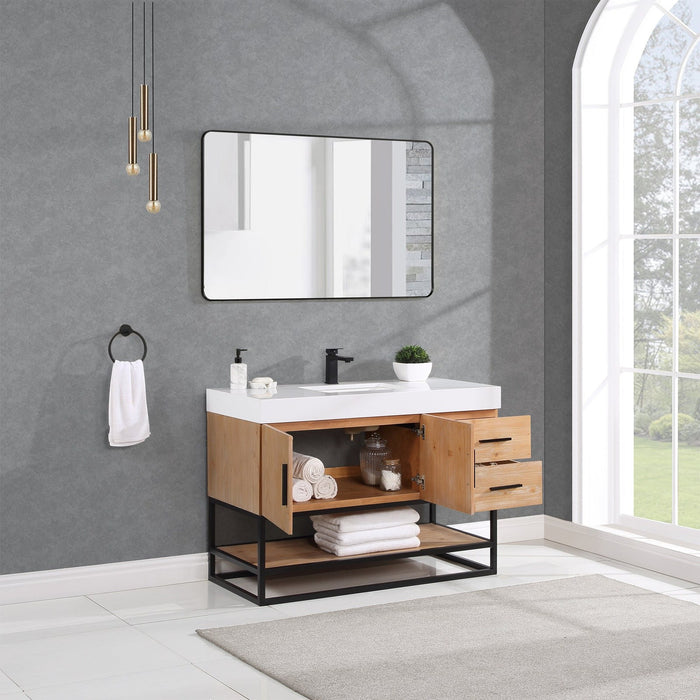 Altair Design Bianco 48"" Single Bathroom Vanity in Light Brown with Matte Black Support Base and White Composite Stone Countertop