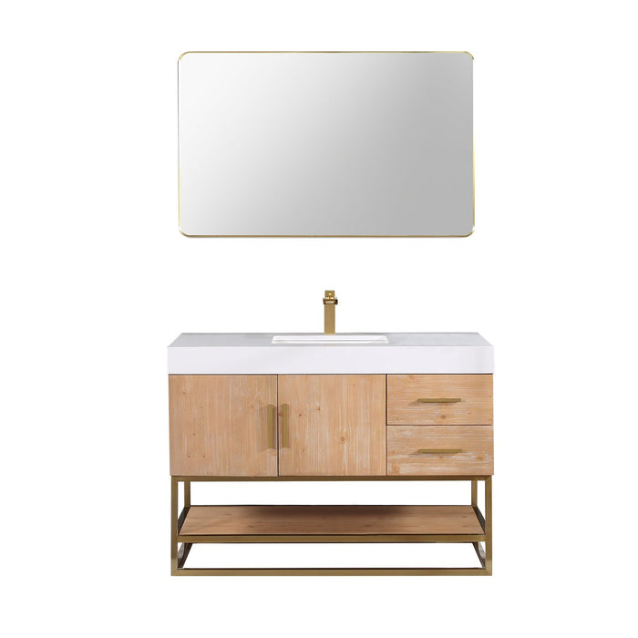 Altair Design Bianco 48"" Single Bathroom Vanity in Light Brown with Brushed Gold Support Base and White Composite Stone Countertop