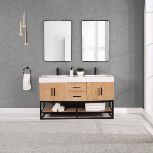 Altair Design Bianco 60"" Double Bathroom Vanity in Light Brown with Matte Black Support Base and White Composite Stone Countertop