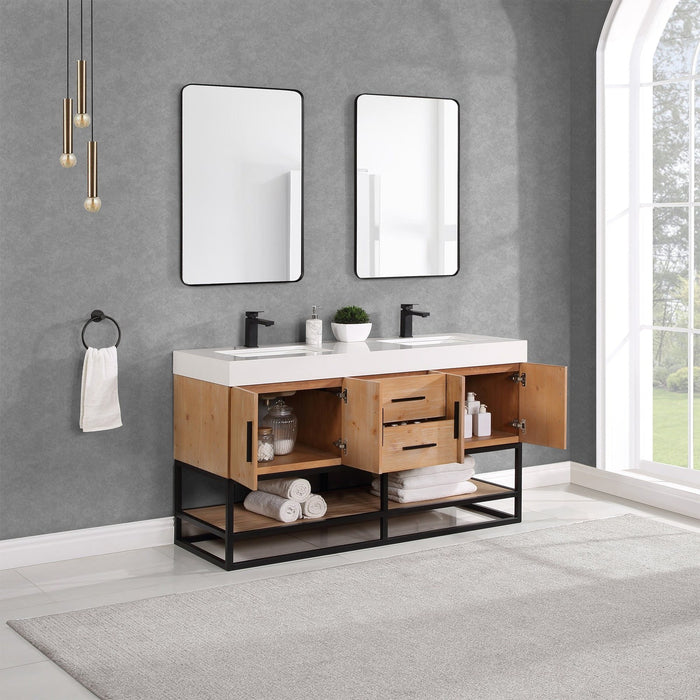 Altair Design Bianco 60"" Double Bathroom Vanity in Light Brown with Matte Black Support Base and White Composite Stone Countertop