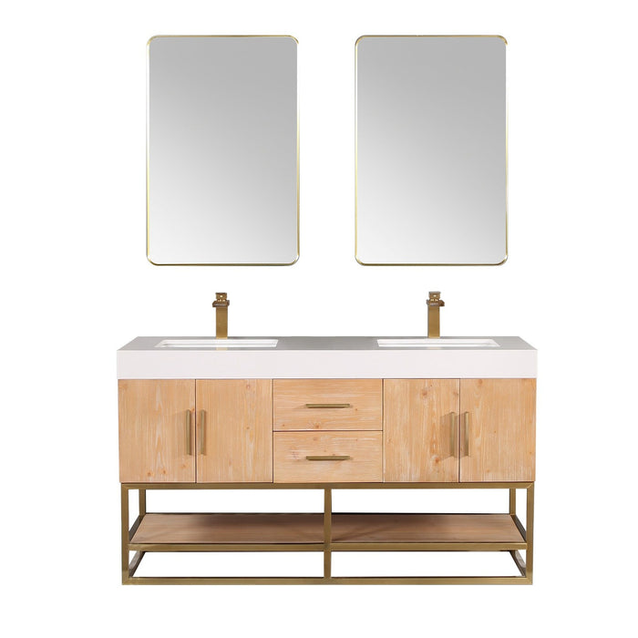 Altair Design Bianco 60"" Double Bathroom Vanity in Light Brown with Brushed Gold Support Base and White Composite Stone Countertop