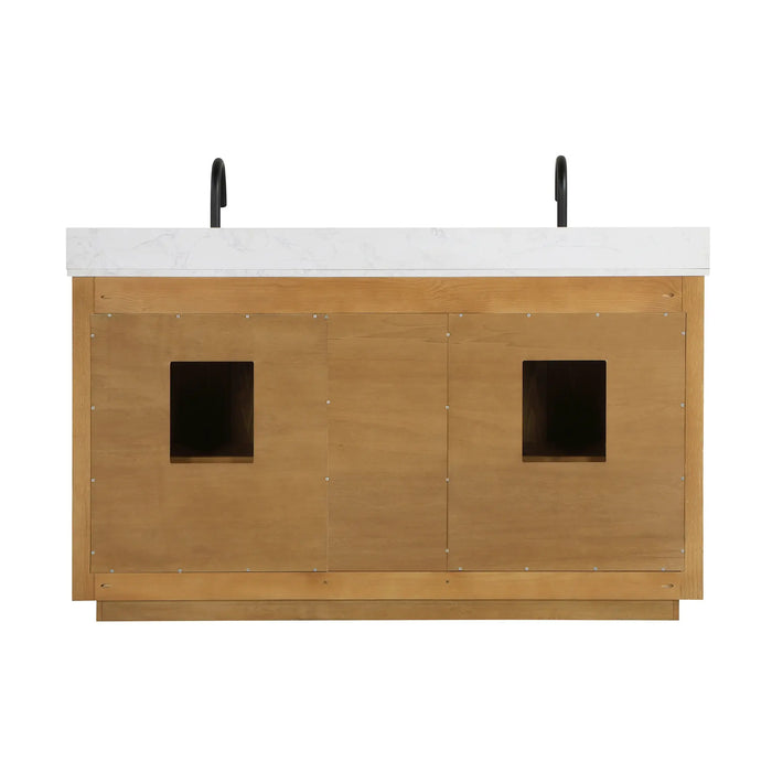 Altair Design Perla 60"" Double Bathroom Vanity in Natural Wood with Grain White Composite Stone Countertop