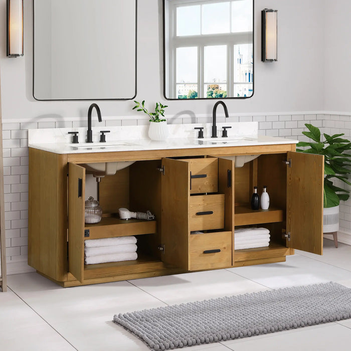 Altair Design Perla 72"" Double Bathroom Vanity in Natural Wood with Grain White Composite Stone Countertop