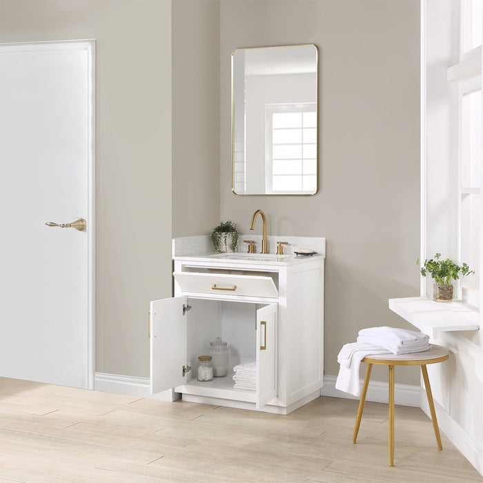 Altair Design Gavino 30"" Single Bathroom Vanity in White with Grain White Composite Stone Countertop