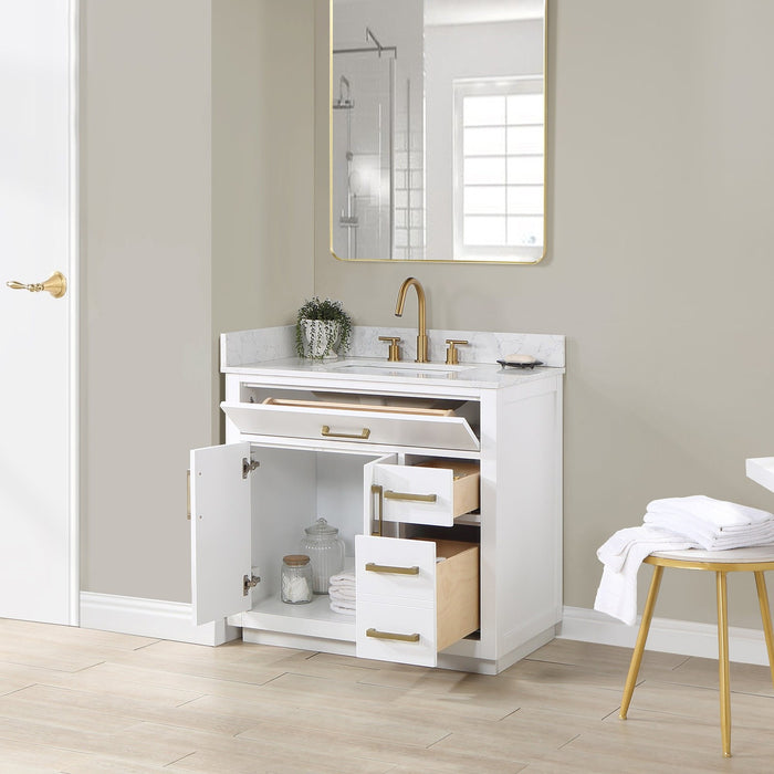 Altair Design Gavino 36"" Single Bathroom Vanity in White with Grain White Composite Stone Countertop