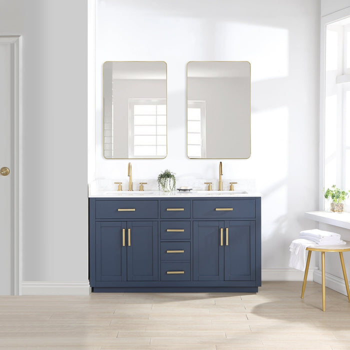 Altair Design Gavino 60"" Double Bathroom Vanity in Royal Blue with Grain White Composite Stone Countertop