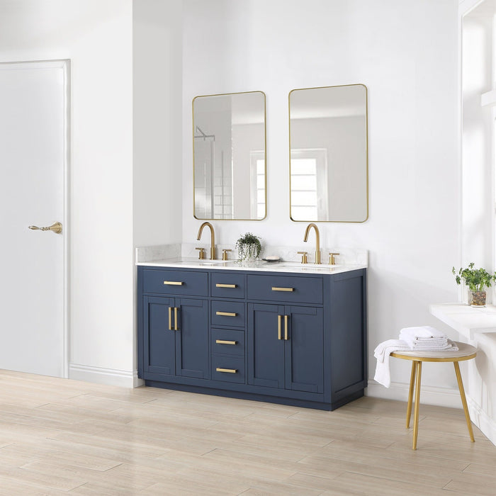 Altair Design Gavino 60"" Double Bathroom Vanity in Royal Blue with Grain White Composite Stone Countertop