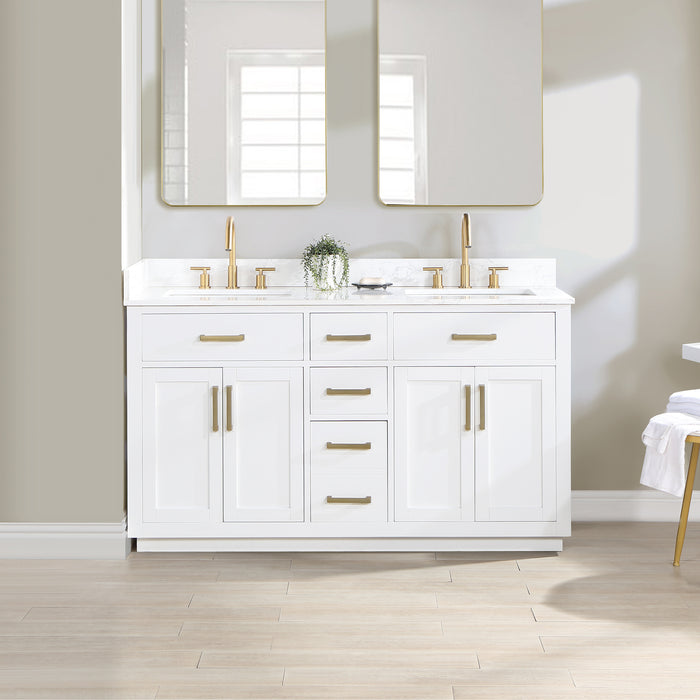 Altair Design Gavino 60"" Double Bathroom Vanity in White with Grain White Composite Stone Countertop