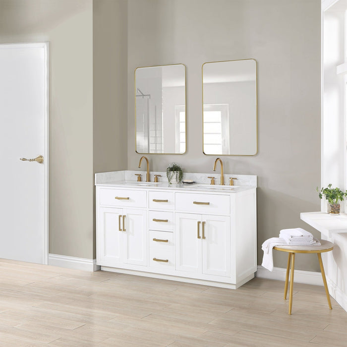 Altair Design Gavino 60"" Double Bathroom Vanity in White with Grain White Composite Stone Countertop