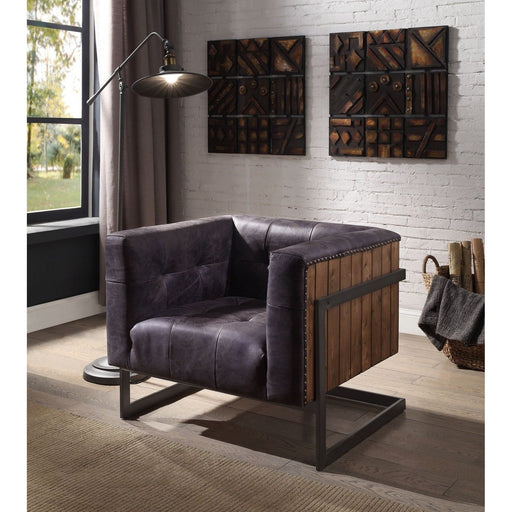 Acme Furniture Sagat Accent Chair in Antique Ebony Top Grain Leather & Rustic Oak Finish 59667