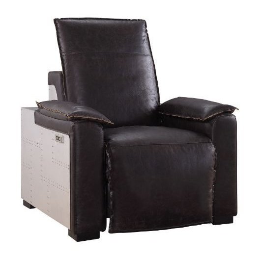 Acme Furniture Misezon Power Motion Recliner in Dark Top Grain Brown Leather & Aluminum 59943