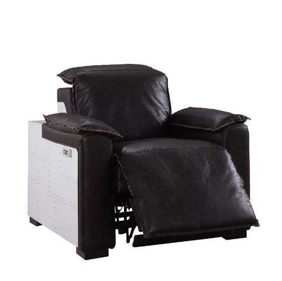 Acme Furniture Misezon Power Motion Recliner in Dark Top Grain Brown Leather & Aluminum 59943