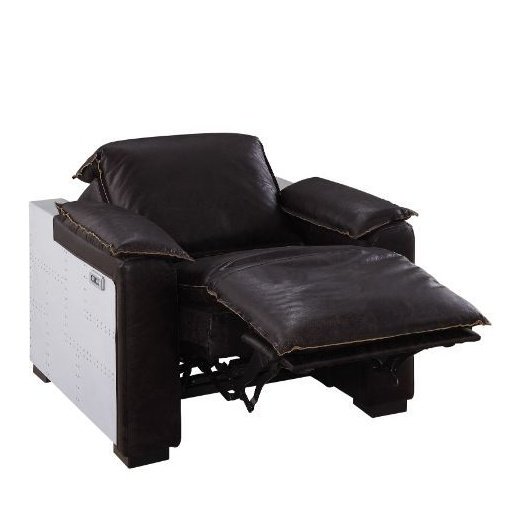 Acme Furniture Misezon Power Motion Recliner in Dark Top Grain Brown Leather & Aluminum 59943