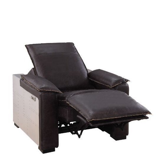 Acme Furniture Misezon Power Motion Recliner in Dark Top Grain Brown Leather & Aluminum 59943