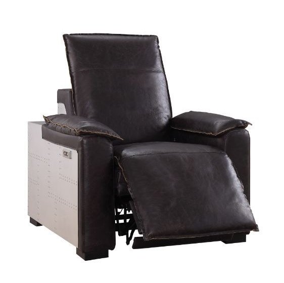 Acme Furniture Misezon Power Motion Recliner in Dark Top Grain Brown Leather & Aluminum 59943