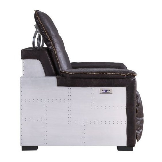 Acme Furniture Misezon Power Motion Recliner in Dark Top Grain Brown Leather & Aluminum 59943