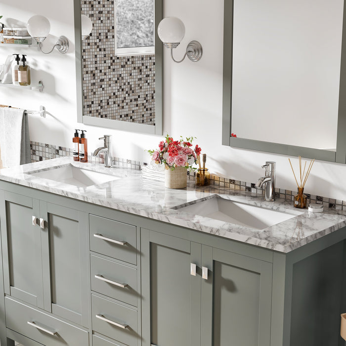 Eviva London 60" x 18" Transitional Double Sink Bathroom Vanity in Espresso, Gray or White Finish with White Carrara Marble Countertop and Undermount Porcelain Sinks