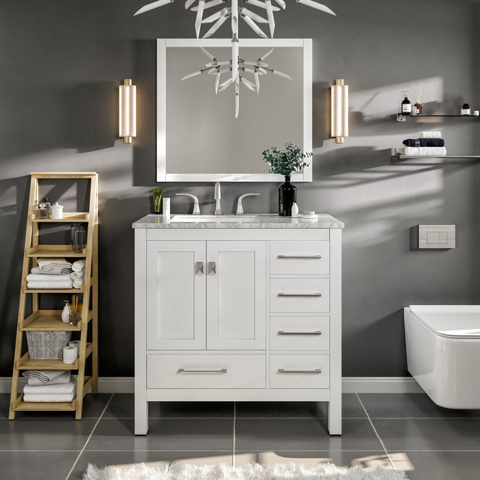 Eviva Aberdeen 36" Transitional Bathroom Vanity in Gray or White Finish with White Carrara Marble Countertop and Undermount Porcelain Sink