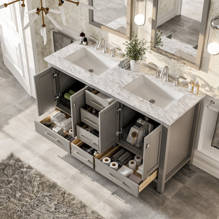 Eviva Aberdeen 60" Transitional Double Sink Bathroom Vanity in Espresso, Gray or White Finish with White Carrara Marble Countertop and Undermount Porcelain Sinks