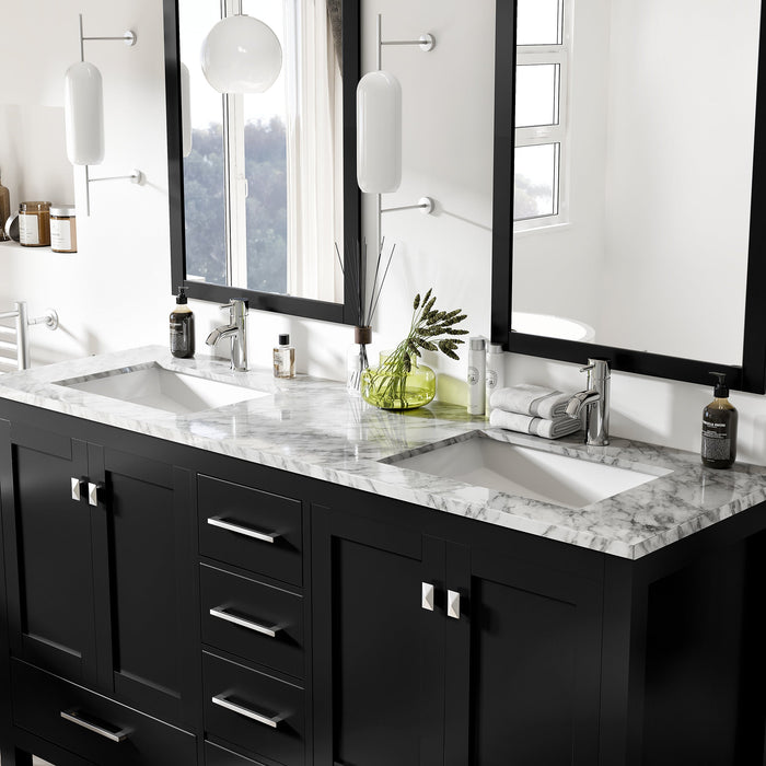 Eviva London 60" x 18" Transitional Double Sink Bathroom Vanity in Espresso, Gray or White Finish with White Carrara Marble Countertop and Undermount Porcelain Sinks