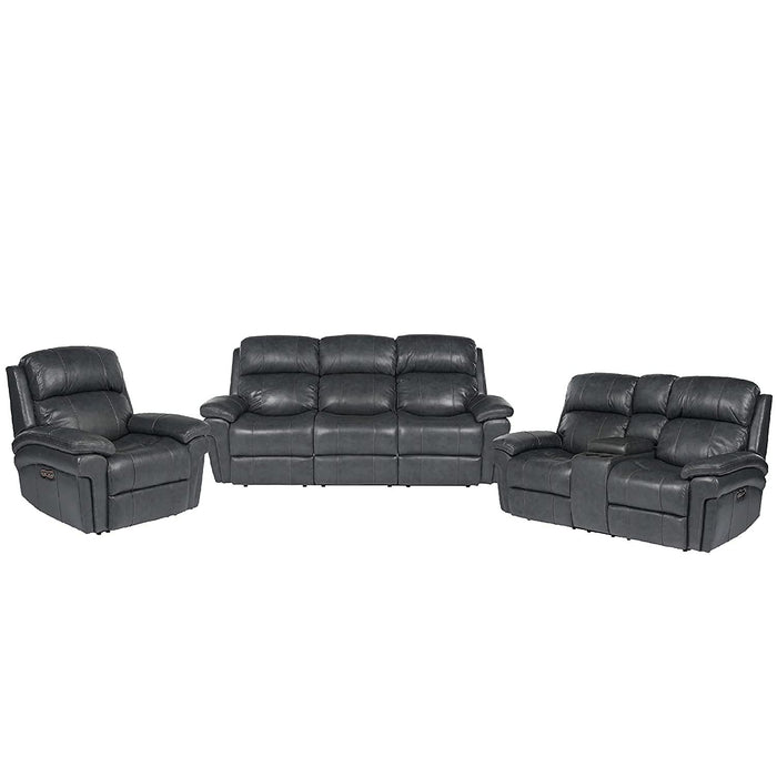 Sunset Trading Luxe Leather 3 Piece Reclining Living Room Set with Power Headrests | USB Ports | Loveseat with Console | Dual Recline Sofa | Chair Recliner | Gray SU-9102-94-1394-3PC