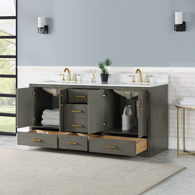 Altair Design Monna 72"" Double Bathroom Vanity Set in Gray Pine with Aosta White Composite Stone Countertop