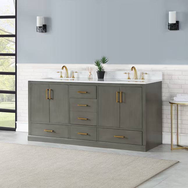 Altair Design Monna 72"" Double Bathroom Vanity Set in Gray Pine with Aosta White Composite Stone Countertop