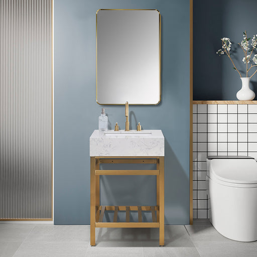 Altair Design Merano 24"" Single Stainless Steel Vanity Console in Brushed Gold with Aosta White Stone Countertop