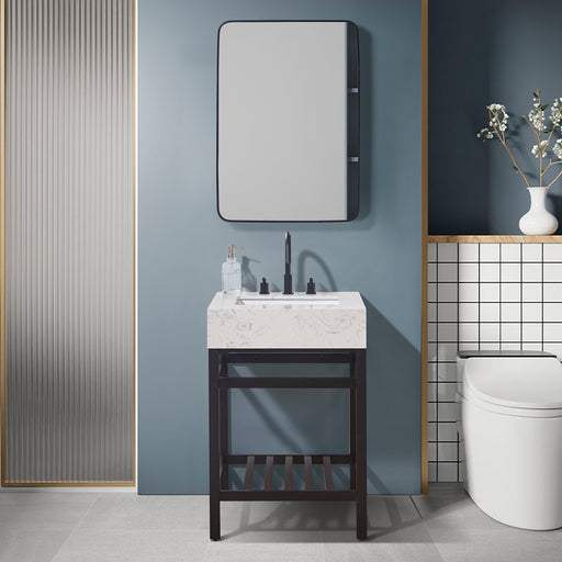 Altair Design Merano 24"" Single Stainless Steel Vanity Console in Matt Black with Aosta White Stone Countertop