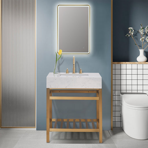 Altair Design Merano 30"" Single Stainless Steel Vanity Console in Brushed Gold with Aosta White Stone Countertop