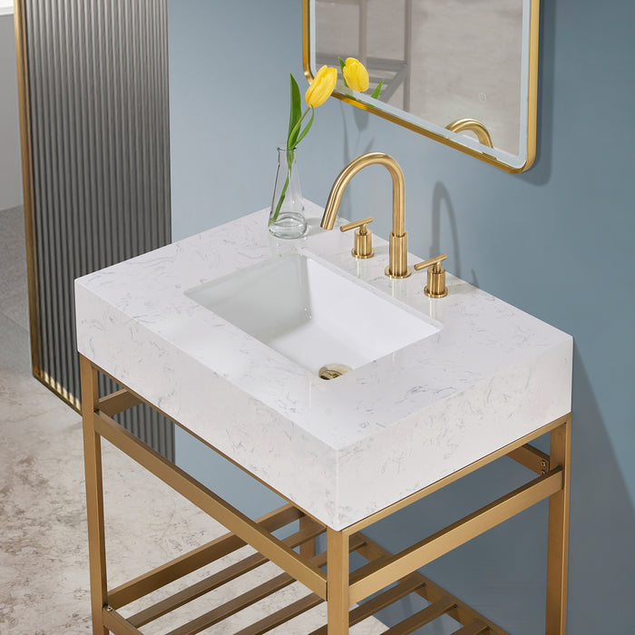 Altair Design Merano 30"" Single Stainless Steel Vanity Console in Brushed Gold with Aosta White Stone Countertop