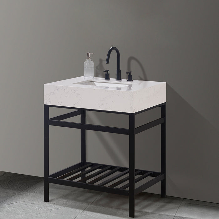 Altair Design Merano 30"" Single Stainless Steel Vanity Console in Matt Black with Aosta White Stone Countertop