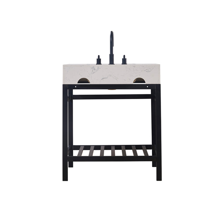 Altair Design Merano 30"" Single Stainless Steel Vanity Console in Matt Black with Aosta White Stone Countertop