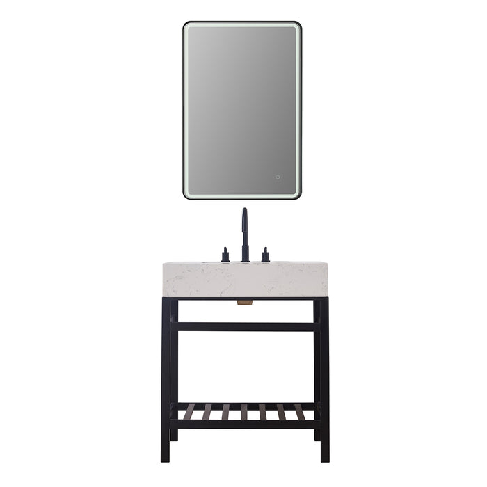 Altair Design Merano 30"" Single Stainless Steel Vanity Console in Matt Black with Aosta White Stone Countertop