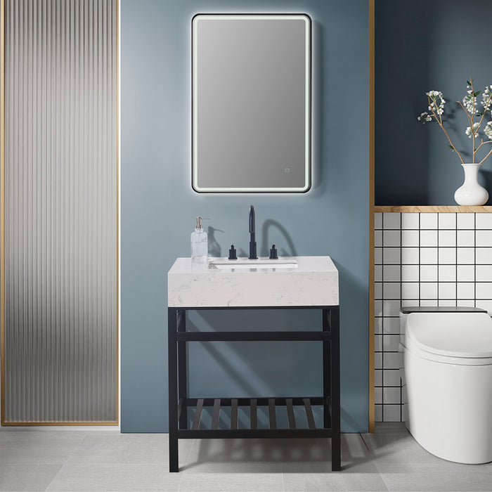 Altair Design Merano 30"" Single Stainless Steel Vanity Console in Matt Black with Aosta White Stone Countertop