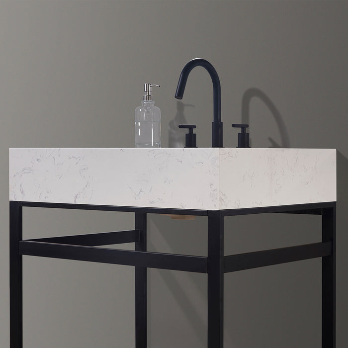 Altair Design Merano 30"" Single Stainless Steel Vanity Console in Matt Black with Aosta White Stone Countertop