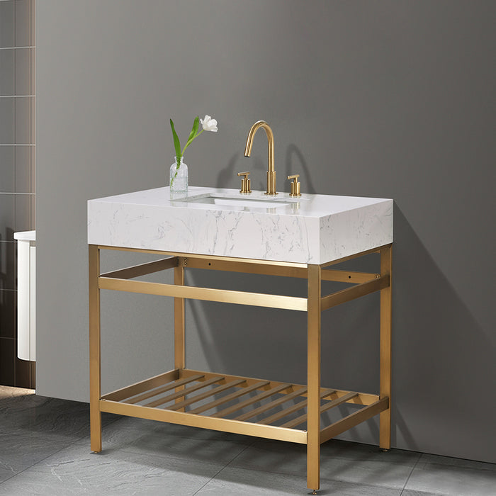 Altair Design Merano 36"" Single Stainless Steel Vanity Console in Brushed Gold with Aosta White Stone Countertop
