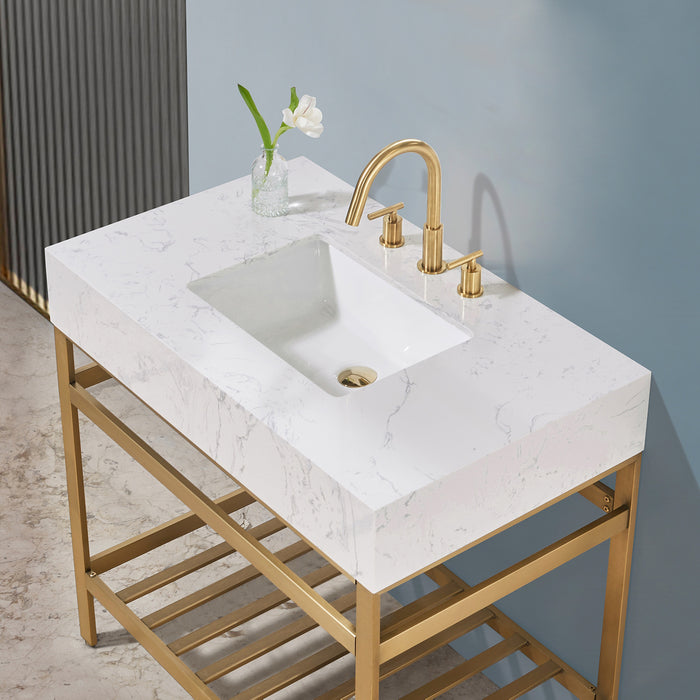Altair Design Merano 36"" Single Stainless Steel Vanity Console in Brushed Gold with Aosta White Stone Countertop