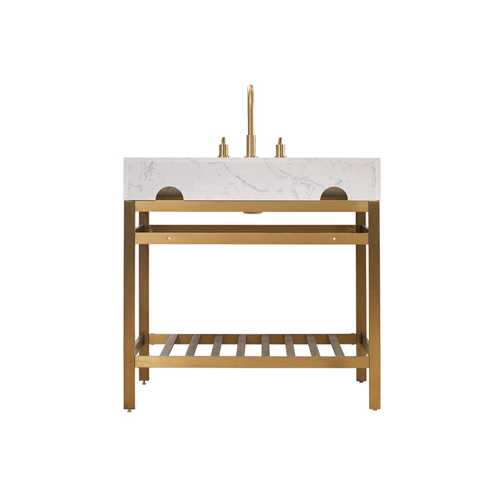 Altair Design Merano 36"" Single Stainless Steel Vanity Console in Brushed Gold with Aosta White Stone Countertop