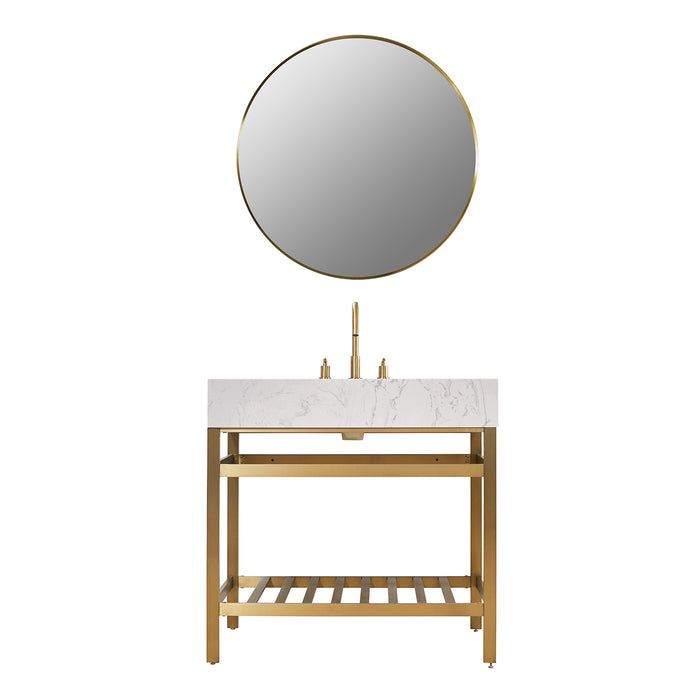 Altair Design Merano 36"" Single Stainless Steel Vanity Console in Brushed Gold with Aosta White Stone Countertop