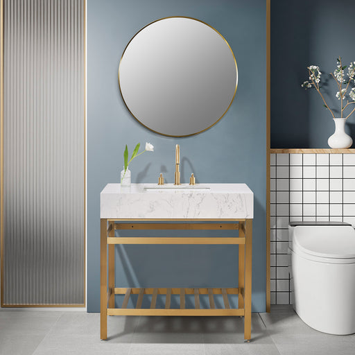 Altair Design Merano 36"" Single Stainless Steel Vanity Console in Brushed Gold with Aosta White Stone Countertop