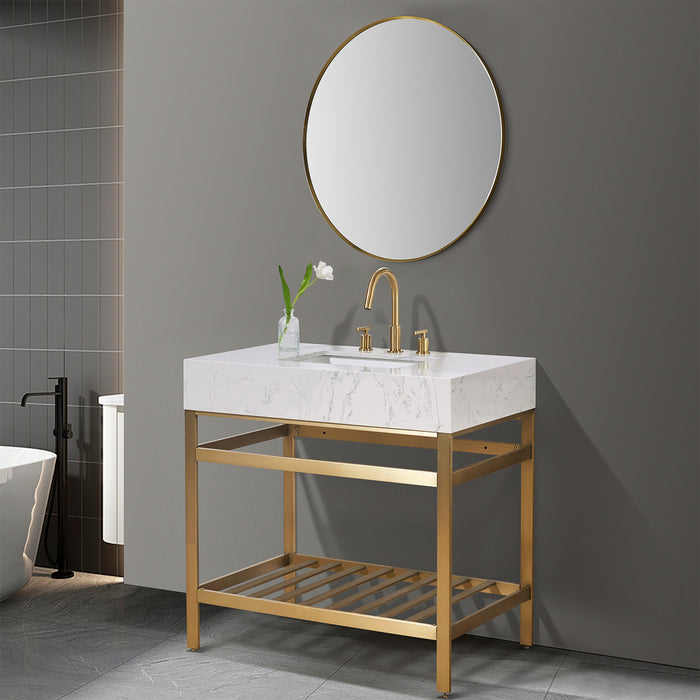 Altair Design Merano 36"" Single Stainless Steel Vanity Console in Brushed Gold with Aosta White Stone Countertop