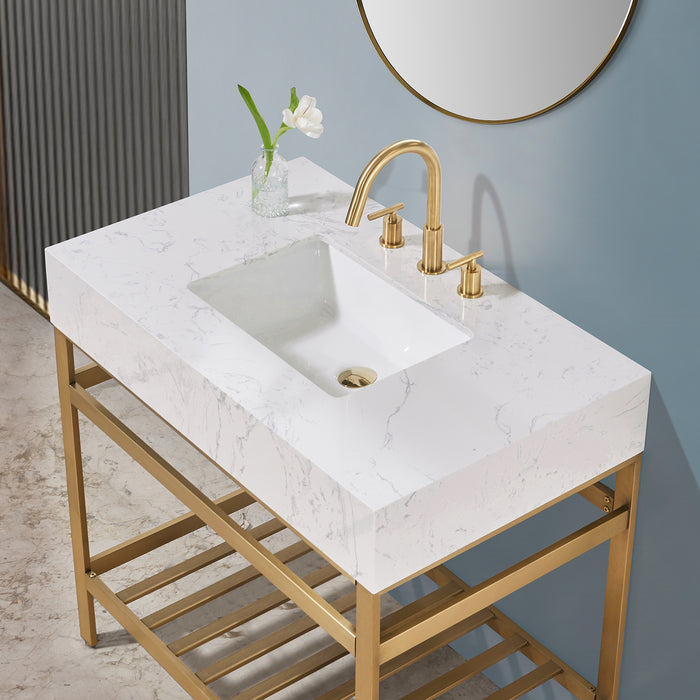 Altair Design Merano 36"" Single Stainless Steel Vanity Console in Brushed Gold with Aosta White Stone Countertop
