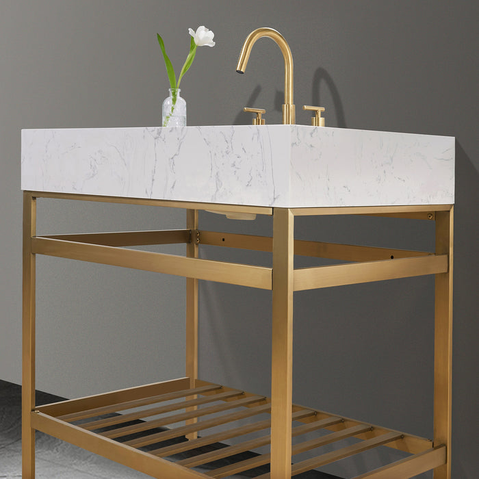 Altair Design Merano 36"" Single Stainless Steel Vanity Console in Brushed Gold with Aosta White Stone Countertop