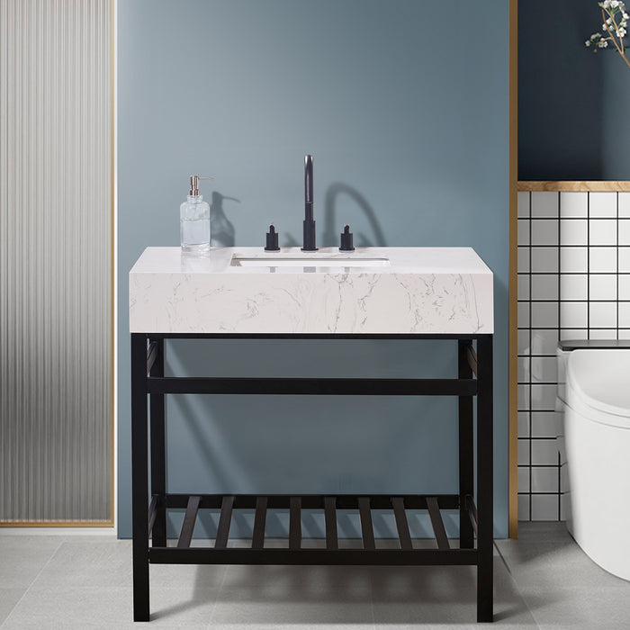 Altair Design Merano 36"" Single Stainless Steel Vanity Console in Matt Black with Aosta White Stone Countertop